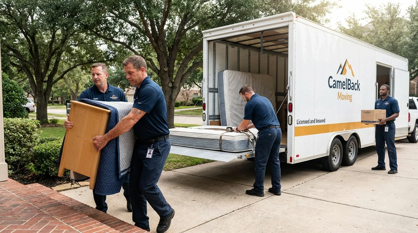 Crew loading residential truck for cross-state move from Dayton, OR