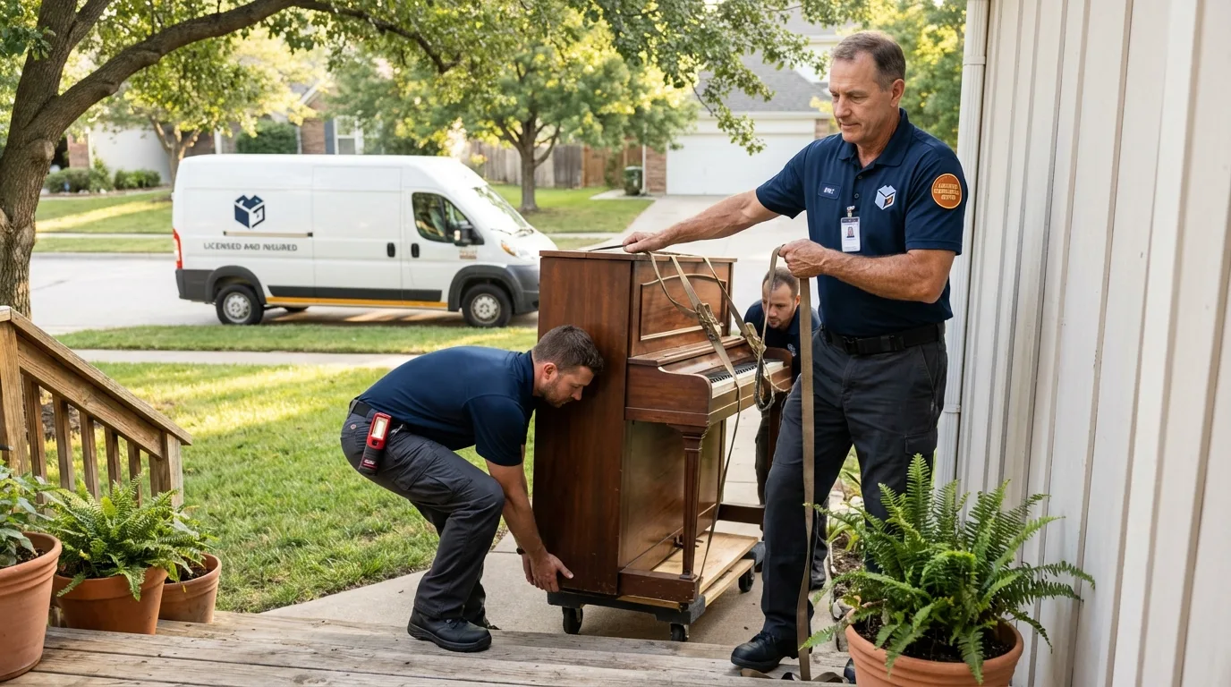 Licensed piano movers securing grand piano in Dayton, OR